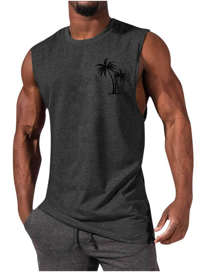 Gilet brodé de cocotier, débardeur de plage d'été, T-shirt d'entraînement musculaire pour hommes, T-shirt de sport et de Fitness