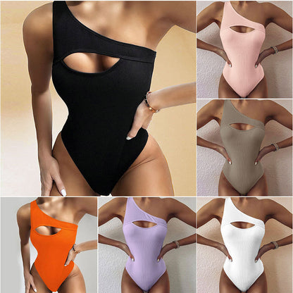 New Bikini Solid Color One-shoulder One-piece Swimsuit Women