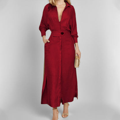 Women's Elegant Tied Solid Color Waisted Long-sleeved Shirt Dress
