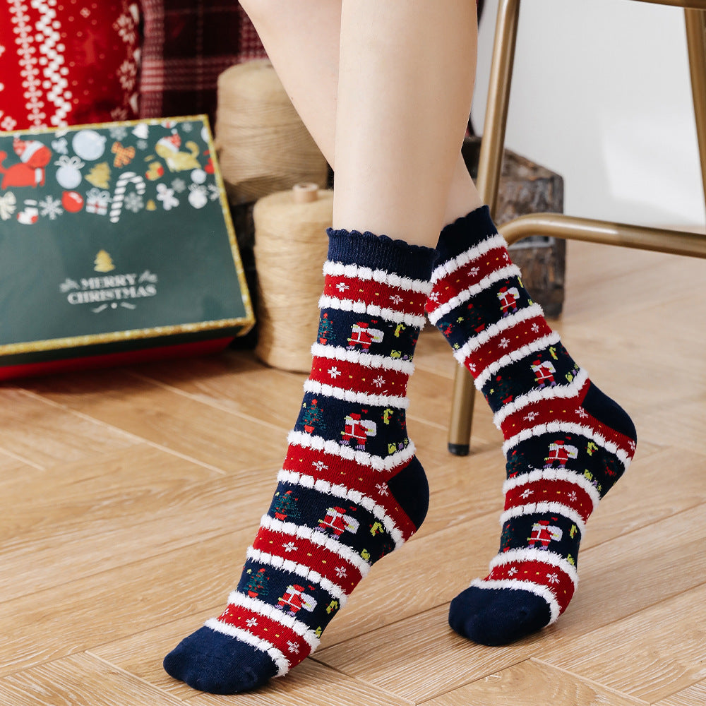 Nouvelles chaussettes européennes et américaines chaussettes de Noël chaussettes en peluche d'automne et d'hiver pour femmes chaussettes de Noël chaussettes pour femmes chaussettes mi-mollet chaussettes de Noël transfrontalières