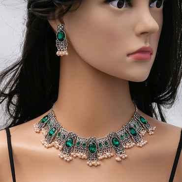 Vintage Emerald Earrings - Ethnic Style Square Tassel Bead Pendant Jewelry Suit
