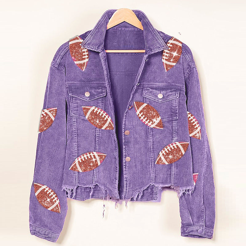 Veste en velours côtelé à la mode, veste de Baseball imprimée Rugby, hauts d'automne et d'hiver pour femmes