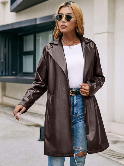 Trench-coat slim à manches longues en cuir mi-long en dentelle occidentale
