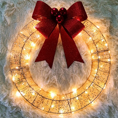 Guirlande De Noël 50CM Lumineux LED Lumière Chaude Couronne Lumineuse En Métal Avec Grand Bowknot Porte D'entrée De Noël Maison Fête De Vacances Porte Suspendue Décor