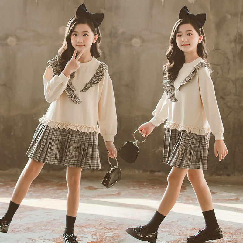 Girls' Dress In Big Kids Korean Style With Plaid Pleated