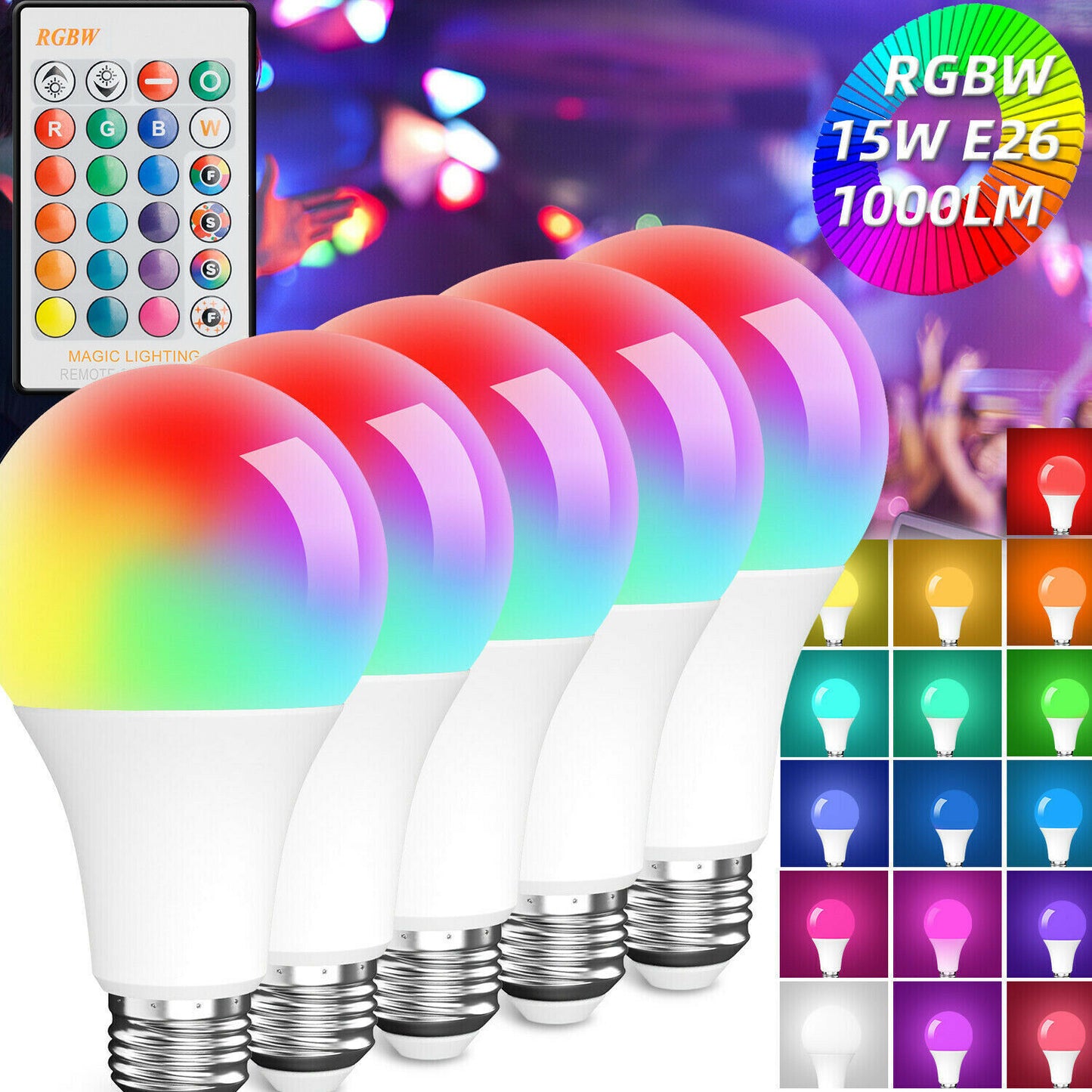 LED Light Bulb 15W RGB Smart Wireless Remote Dimmable Lamp Color Changing Smart WiFi LED Light Bulb Multi-Color For Alexa