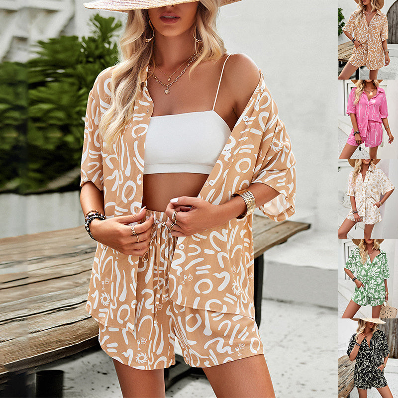 2Pcs Casual Printed Suits Short-sleeved Shirt And Drawstring Shorts Summer Fashion Womens Clothing