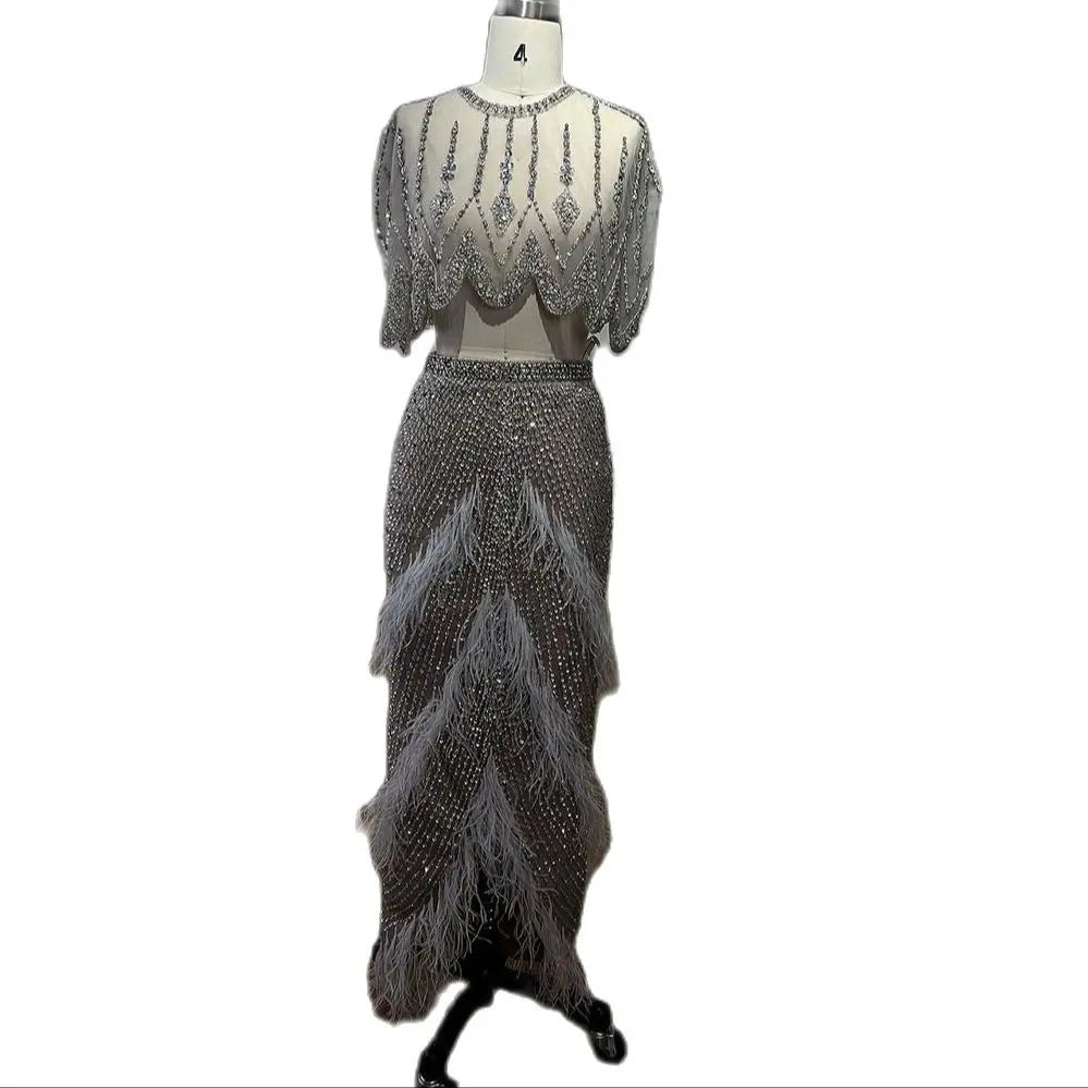 Silver Nude Slim-fit Feather Shawl Evening Dress