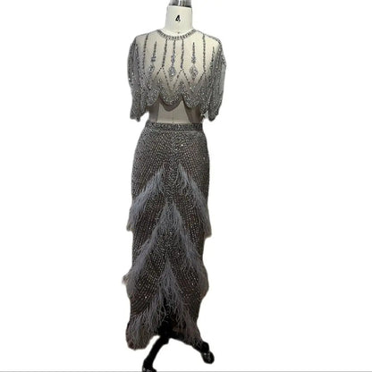 Silver Nude Slim-fit Feather Shawl Evening Dress