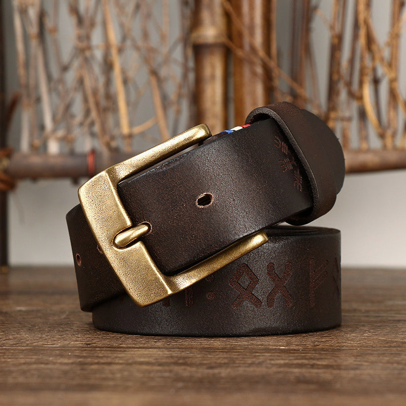 Men's Retro Laser Engraving Cowhide Brass Buckle Belt - Artistic Distinction
