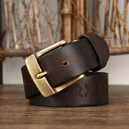 Men's Retro Laser Engraving Cowhide Brass Buckle Belt - Artistic Distinction