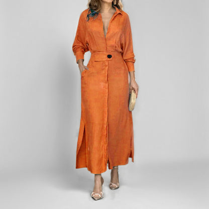 Women's Elegant Tied Solid Color Waisted Long-sleeved Shirt Dress