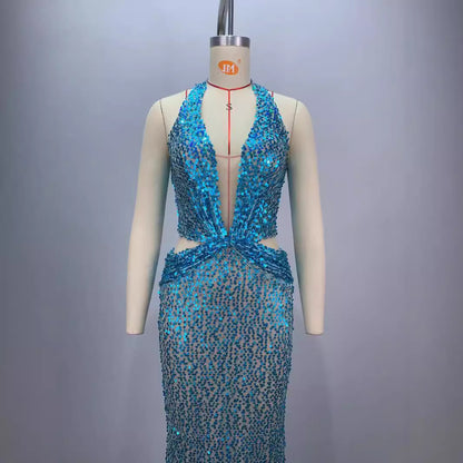 Halter Deep V-Neck Sequin Evening Dress - Sky Blue Hollow Mesh - Company Annual Meeting Host Dress