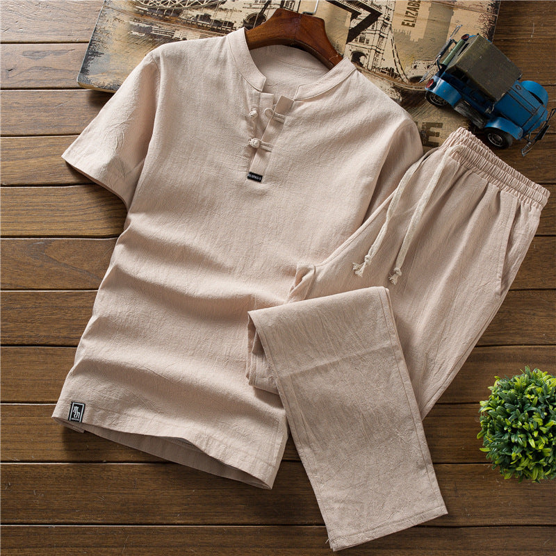 Chinese Style Summer Linen Suit Men's Cotton And Linen Short-sleeved T-shirt Plus Size Trousers A Set Of Retro Cotton And Linen Men