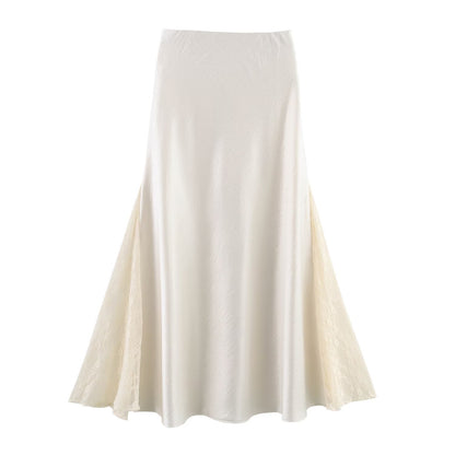 Professional Double-Sided Lace Fishtail Satin Skirt - Polyester High-Waisted (Black/White, M-XL, College Style)