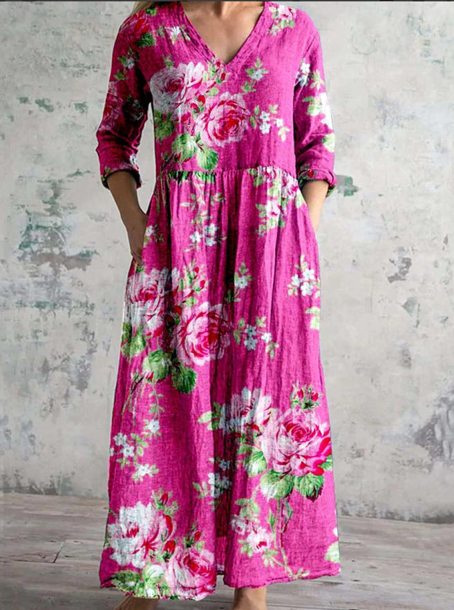 Casual Women's Fashion Floral Print Mid-length Dress