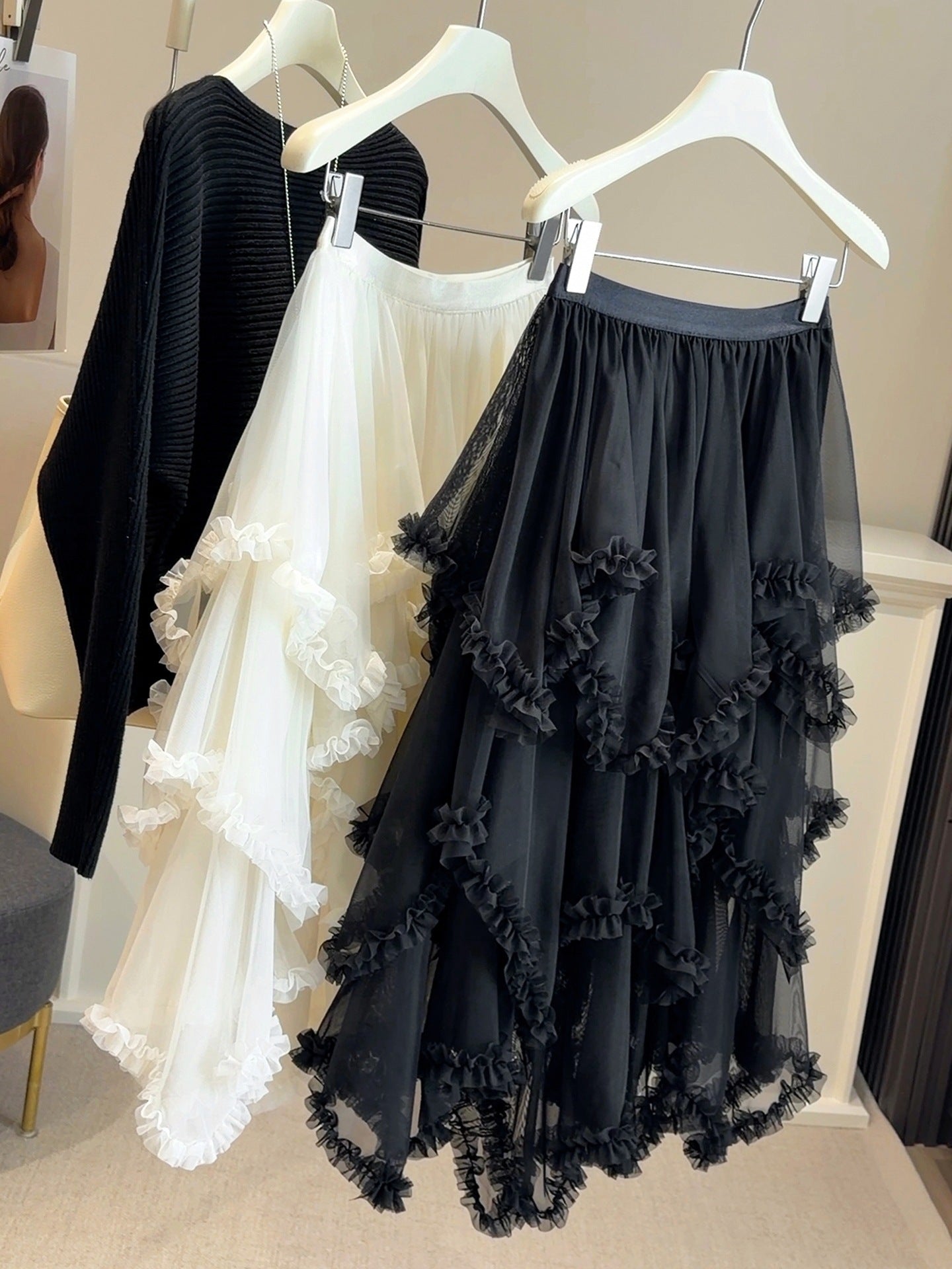 Womens Fashion Irregular Ruffle Trim Mesh Skirt