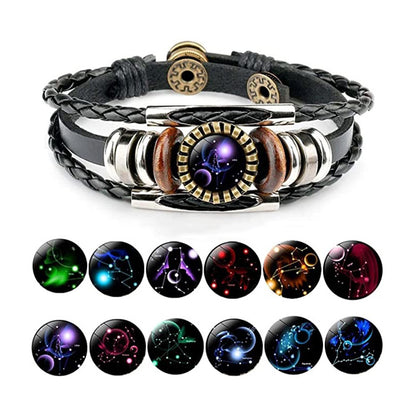 Zodiac Sign Bracelets For Women Men 12 Constellation Beaded Hand Woven PU Leather Bracelets