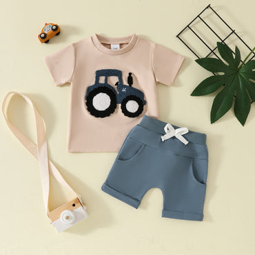Boy's Clothing Printed Pullover Fashion Round Neck Solid Color Short Sleeve Pocket Shorts