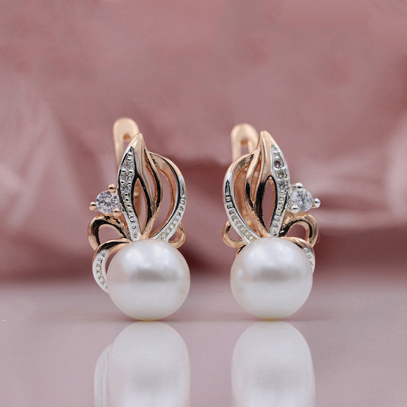 Ladies Flame Rose Gold Shell Pearl Earrings