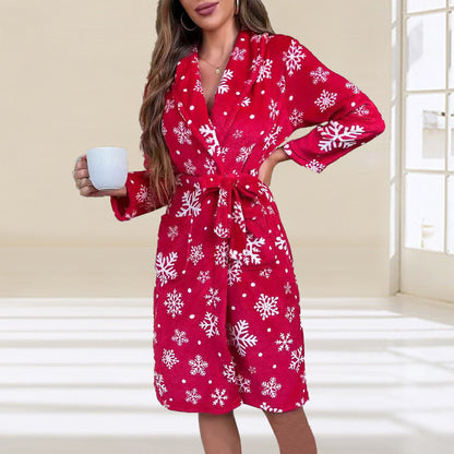 Christmas Snowflake Bathrobe Printed Lace-up Flannel Thick Night-robe