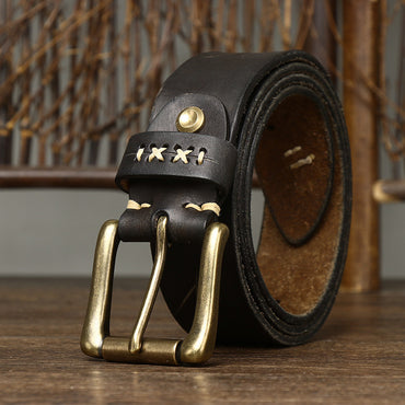 Men's Washed-Out Vintage First Layer Cow Leather Pin Buckle Jeans Belt - Authentic Character