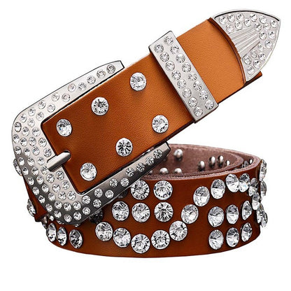 Women's Leather Diamond-Studded Cowhide Pin Buckle Belt - Elegant Glamour