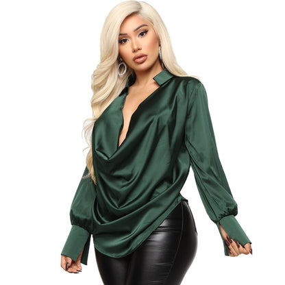 SexyTemperament Long-sleeved Deep V-neck Satin All-match Top