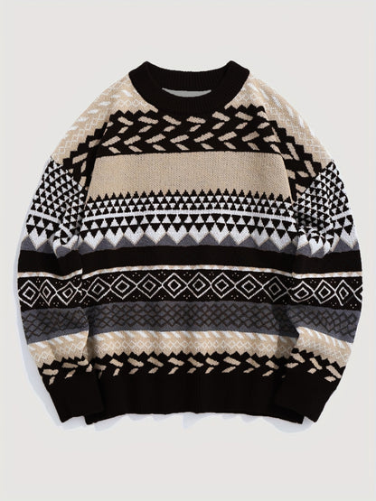 Pullover Round Neck Long Sleeves Contrast Color Diamond Patterns Sweater