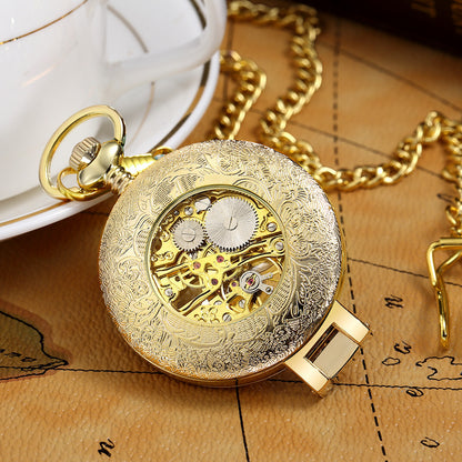 Flip Manual Mechanical Pocket Watch Roman Engraved Skeleton