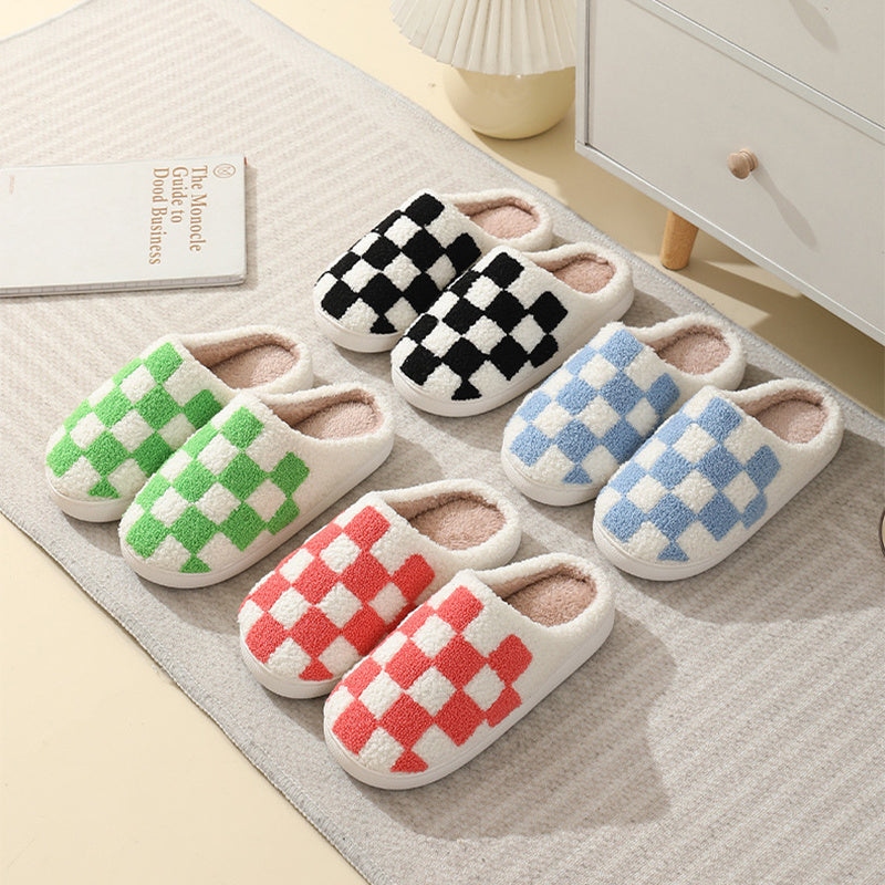 Checkerboard Print Slippers Winter House Shoes Men And Women Couple Home Floor Warm Cotton Slippers