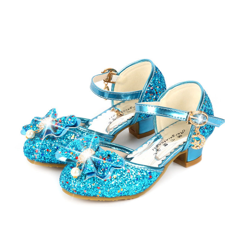 Chaussures pour enfants quatre saisons Chaussures à talons hauts pour filles Chaussures en cuir de performance petite princesse Escarpins pour enfants argentés Chaussures en cristal pour enfants moyens et grands