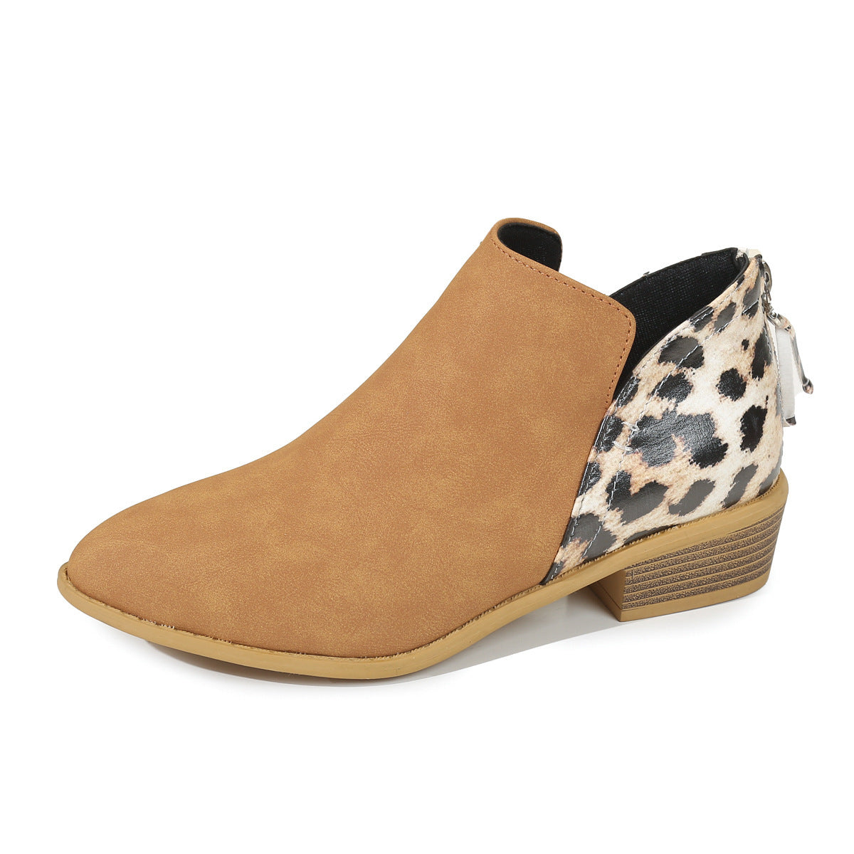 Mode leopardmönstrade stövlar Kvinnor med spetsig tå Chunky Heel Back Zipper Shoes