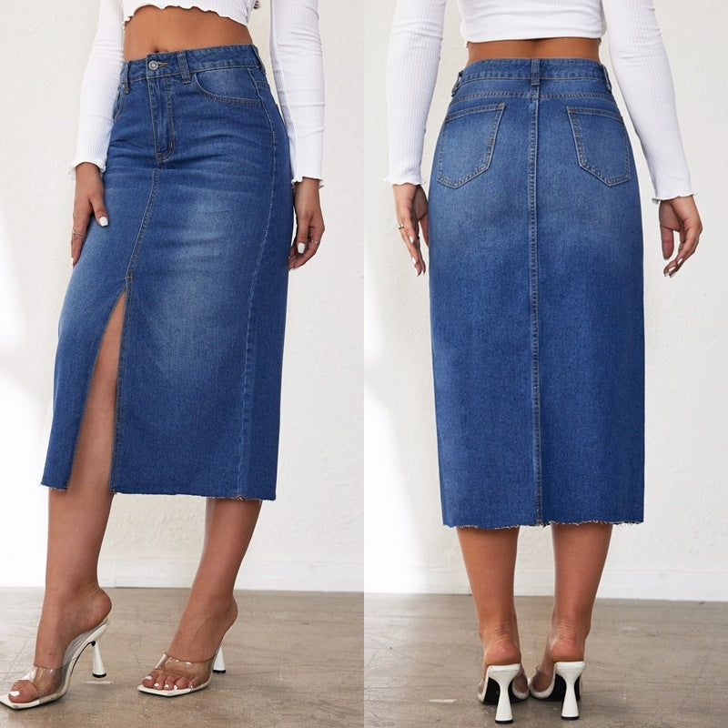 Womens High-Waisted Denim Skirt With A Front Slit And Long Length