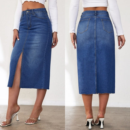 Womens High-Waisted Denim Skirt With A Front Slit And Long Length