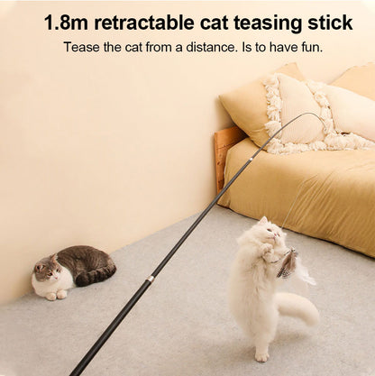 Pet Toy Cat-teasing Stick Extendable 180cm Rod Feather Replacement Head Adjustable Extendable Cat-teasing Stick Fishing Cat Toy