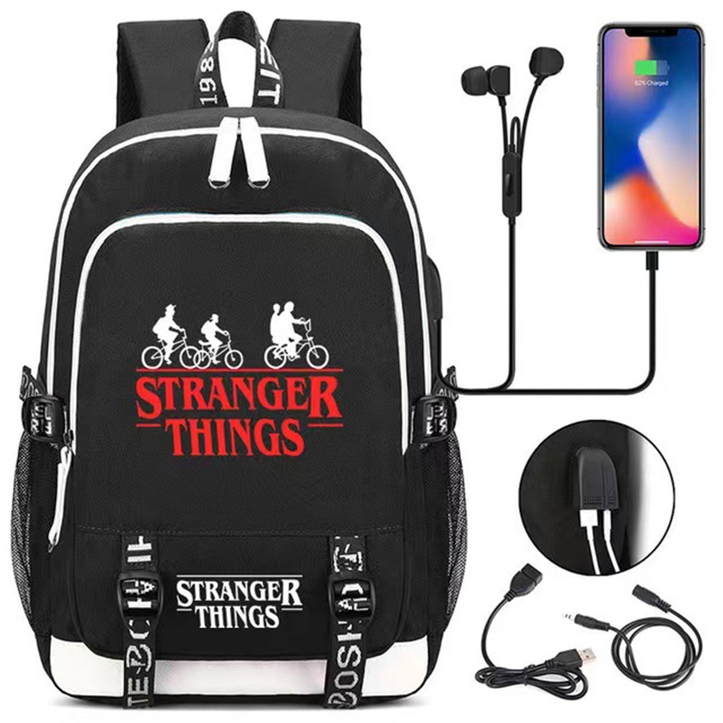 Ride The Bike Down World of Stranger Sac à dos Dream of Exploring Things Sac à dos pour ordinateur portable avec chargement USB Sac de sport pour homme, femme, garçon, fille, garçon, noir