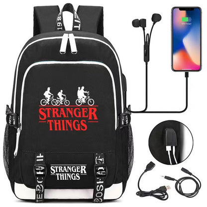 Ride The Bike Down World of Stranger Sac à dos Dream of Exploring Things Sac à dos pour ordinateur portable avec chargement USB Sac de sport pour homme, femme, garçon, fille, garçon, noir