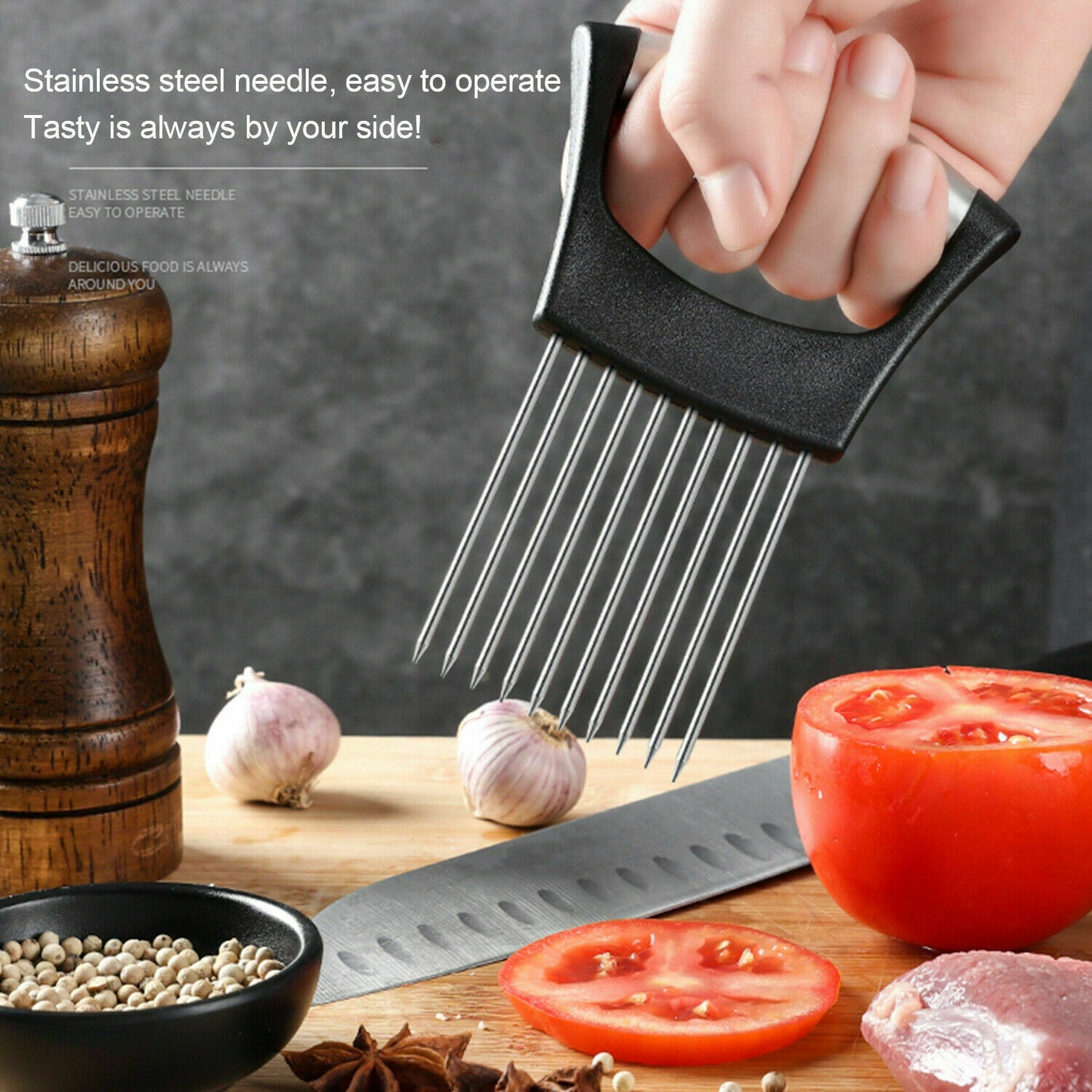 Food Slice Assistant - Rostfritt stål Lökhållare Slicer Tomat Cutter NonSlip 