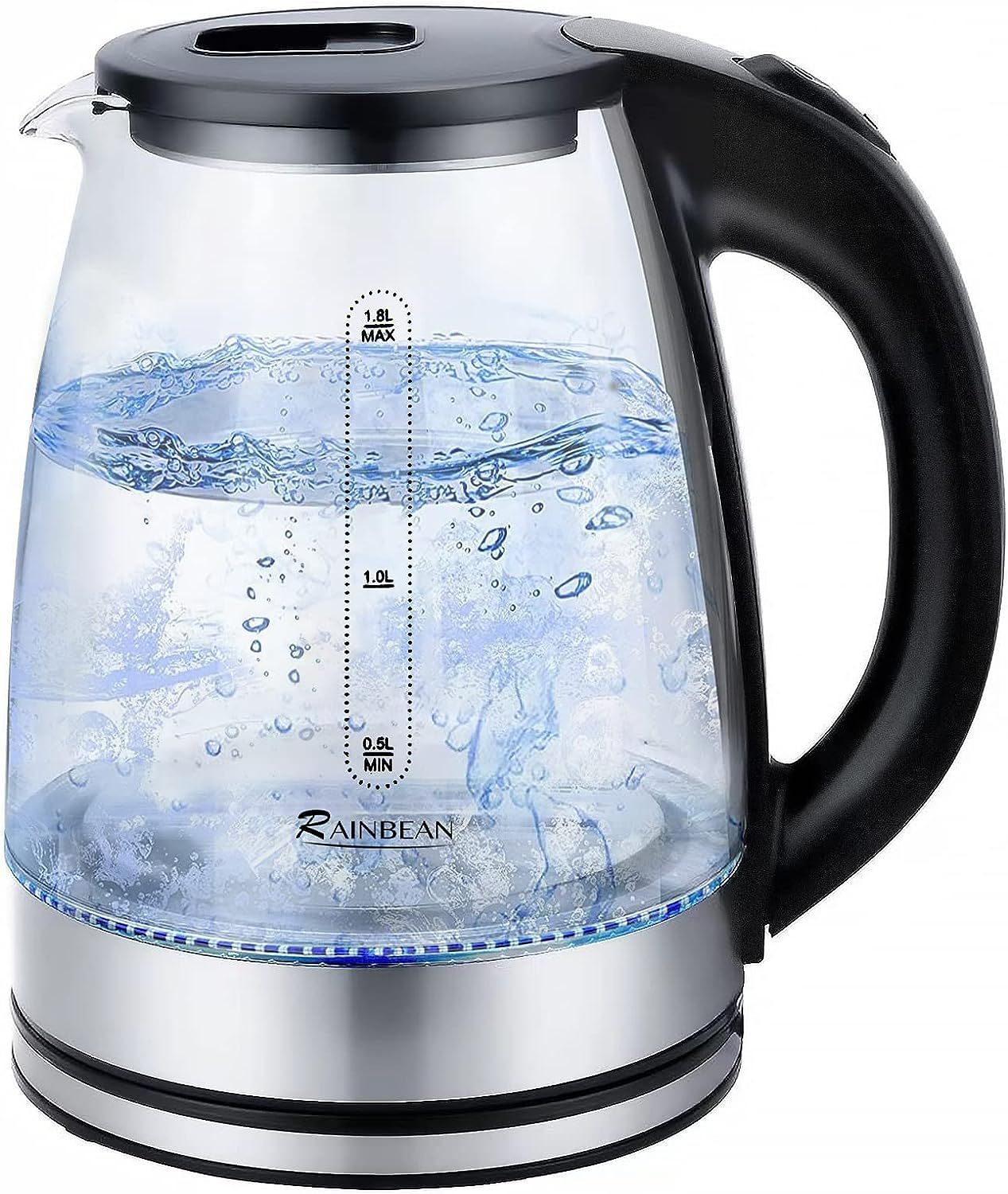 Bouilloire Électrique Chaudière À Eau, Bouilloire Électrique 1,8 L, Chaudière À Eau Chaude À Large Ouverture avec Lumière LED, Arrêt Automatique Et Protection Contre L'ébullition À Sec, Verre Noir