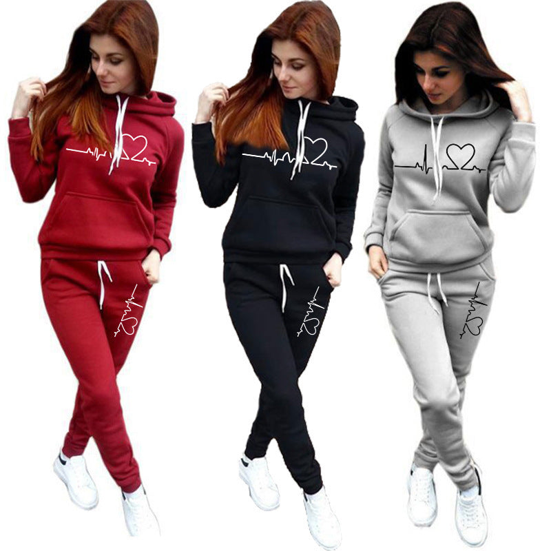 Fashion Love Printed Fleece Sports Suit Women