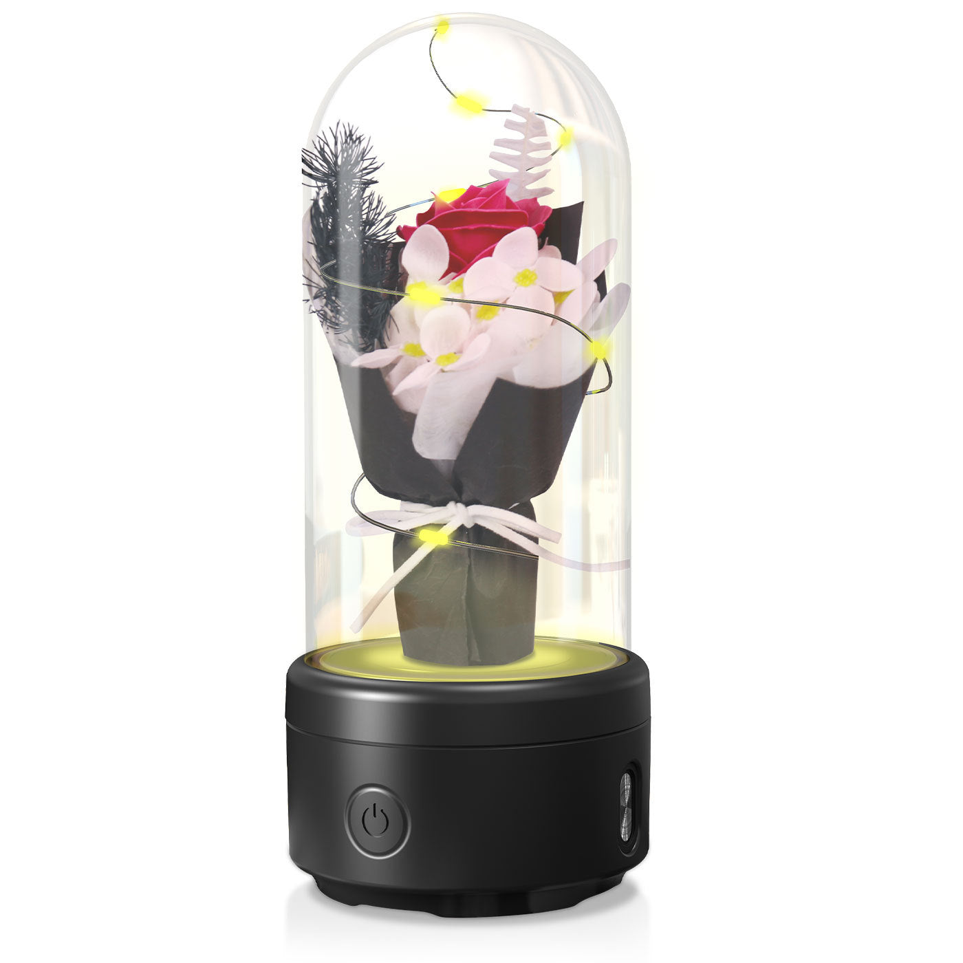 Bouquet créatif 2 en 1 avec lumière LED et haut-parleur Bluetooth, cadeau de fête des mères, veilleuse lumineuse Rose, ornement dans un couvercle en verre