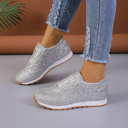 Guld Sliver med paljetter Nytt mode Casual Rund Toe Slip-on Skor Dam Utomhus Casual Walking Löparskor