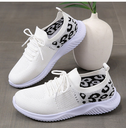 White Shoes Women Leopard Print Lace-up Sneakers Sports