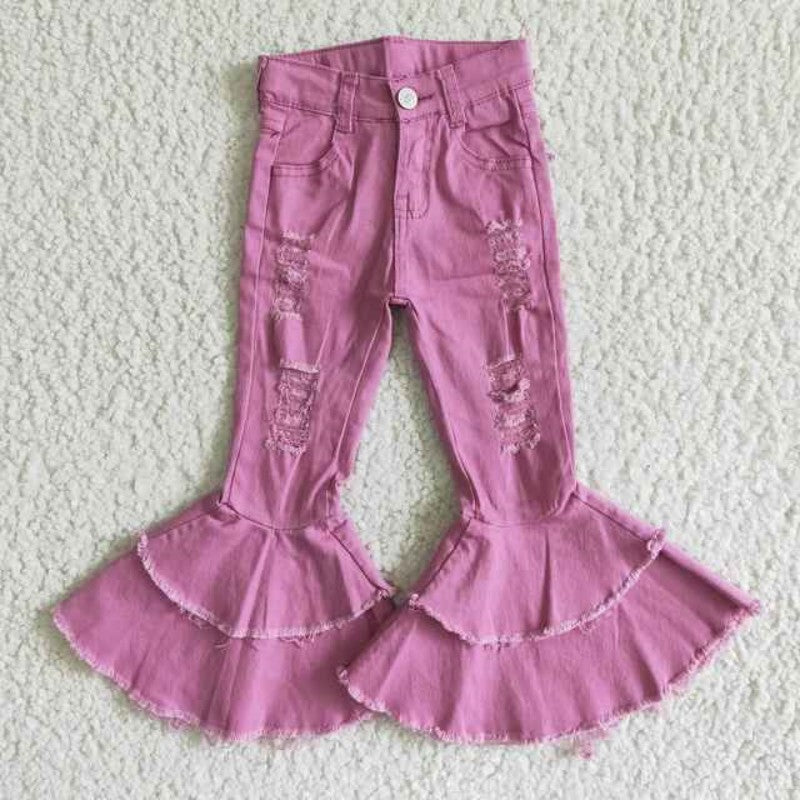 Fashion Denim Pants Kids Girls Double Ruffle Flare Bottom