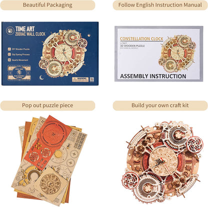Robotime ROKR Time Art Zodiac Väggklocka 3D träpusselspel Modellbyggsatser Leksaker för barn Barn