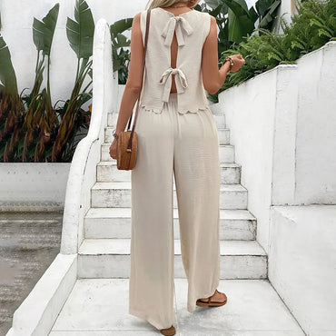 Elegant 2-delat matchande set för kvinnor, ärmlös crop top och vida byxor