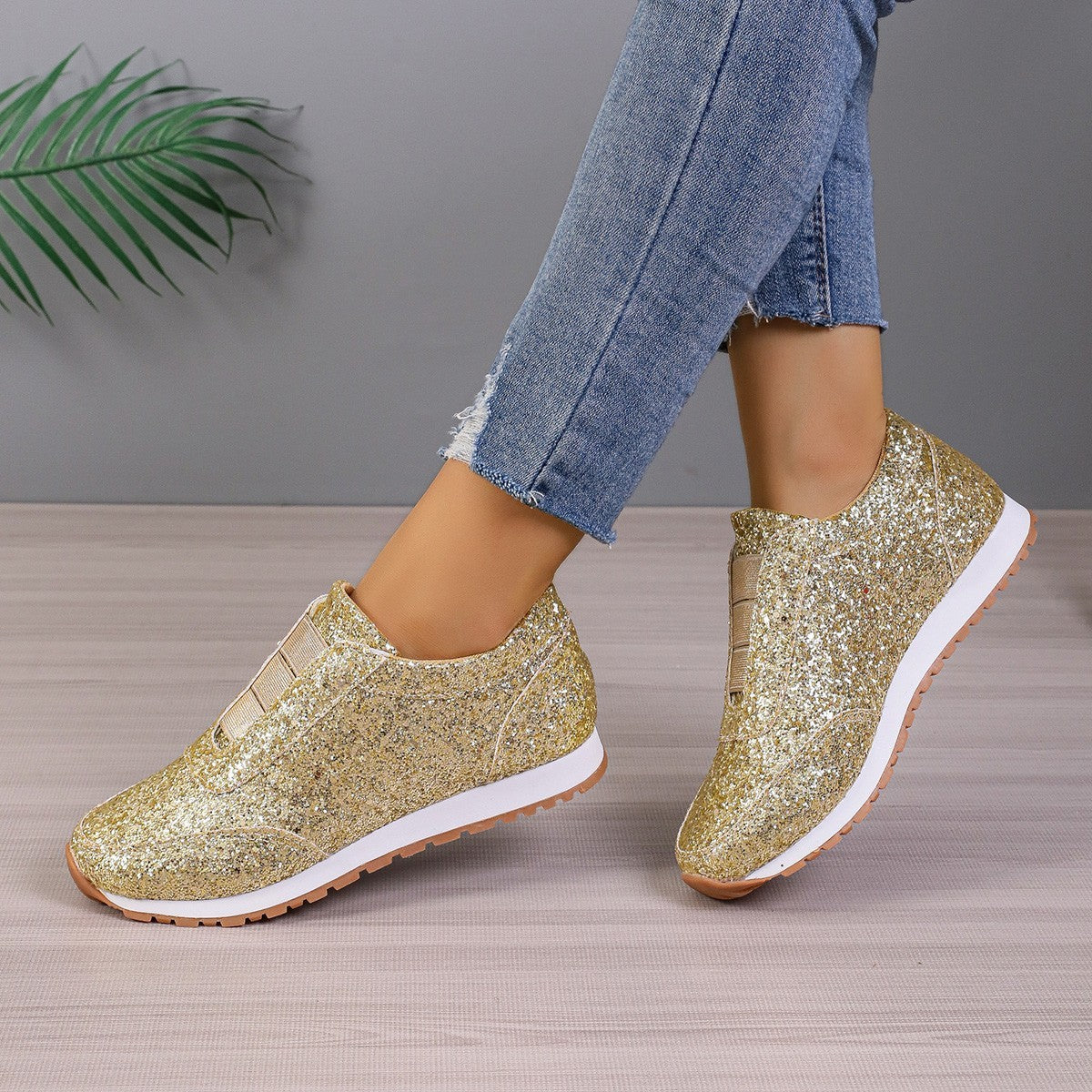 Guld Sliver med paljetter Nytt mode Casual Rund Toe Slip-on Skor Dam Utomhus Casual Walking Löparskor