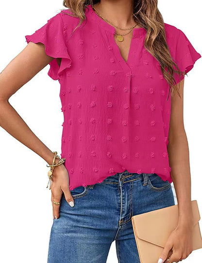 Women Summer V Neck Ruffle Short Sleeve Blouse Dot Flowy Shirt Top