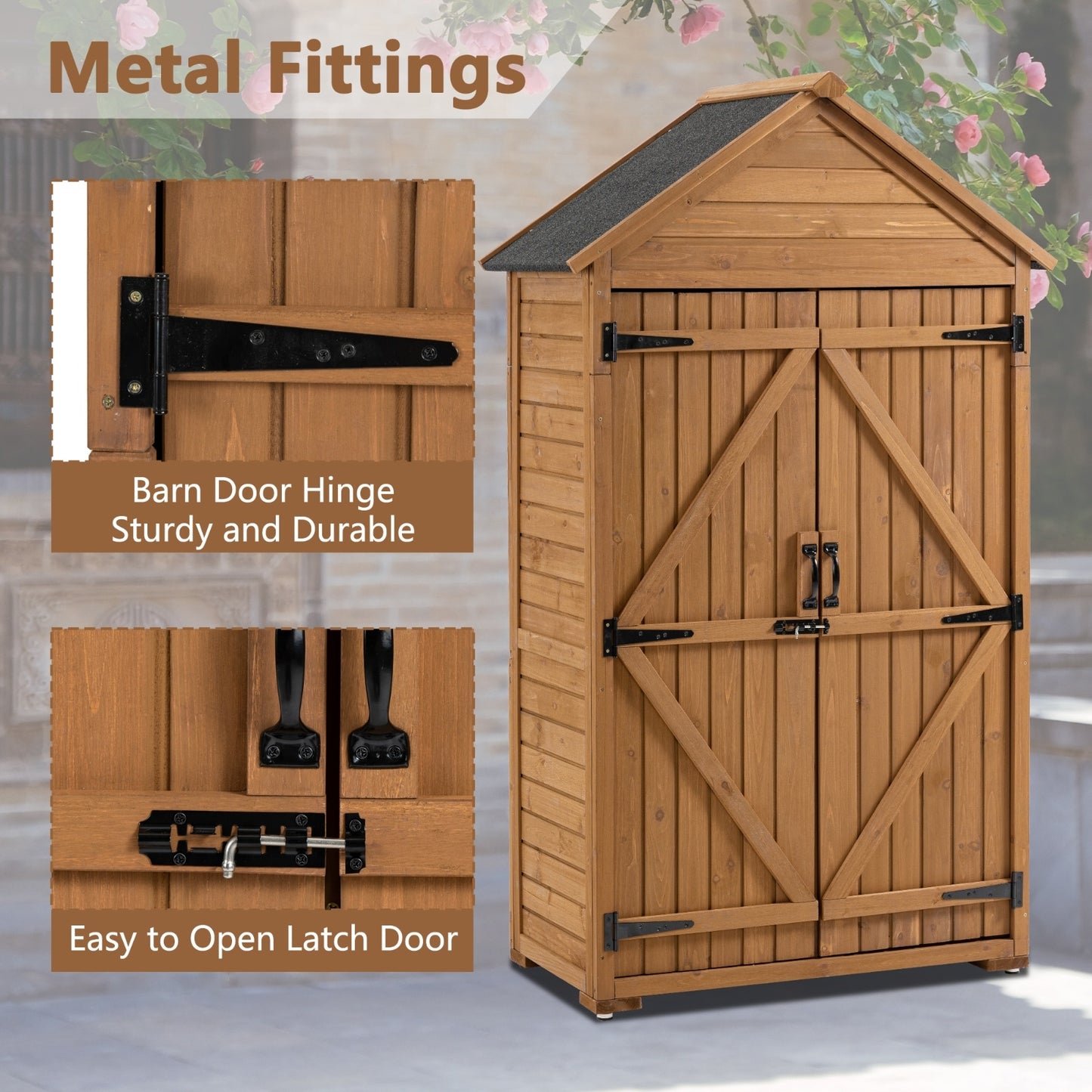 Outdoor Storage Cabinet - Garden Tool Shed, Wooden Closet With Shelves & Latch
